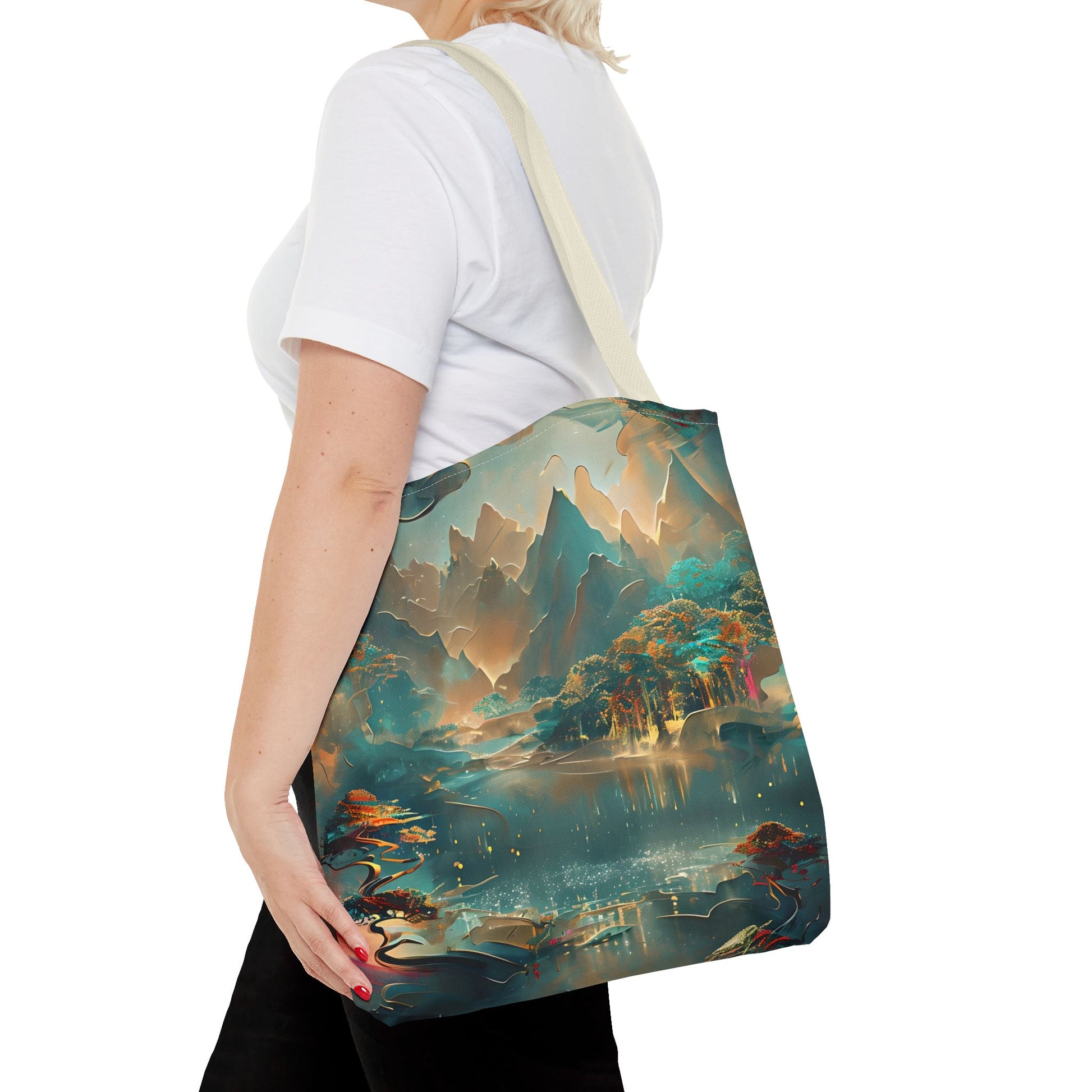 Misty Horizon canvas tote bag worn over shoulder showing misty teal abstract artwork