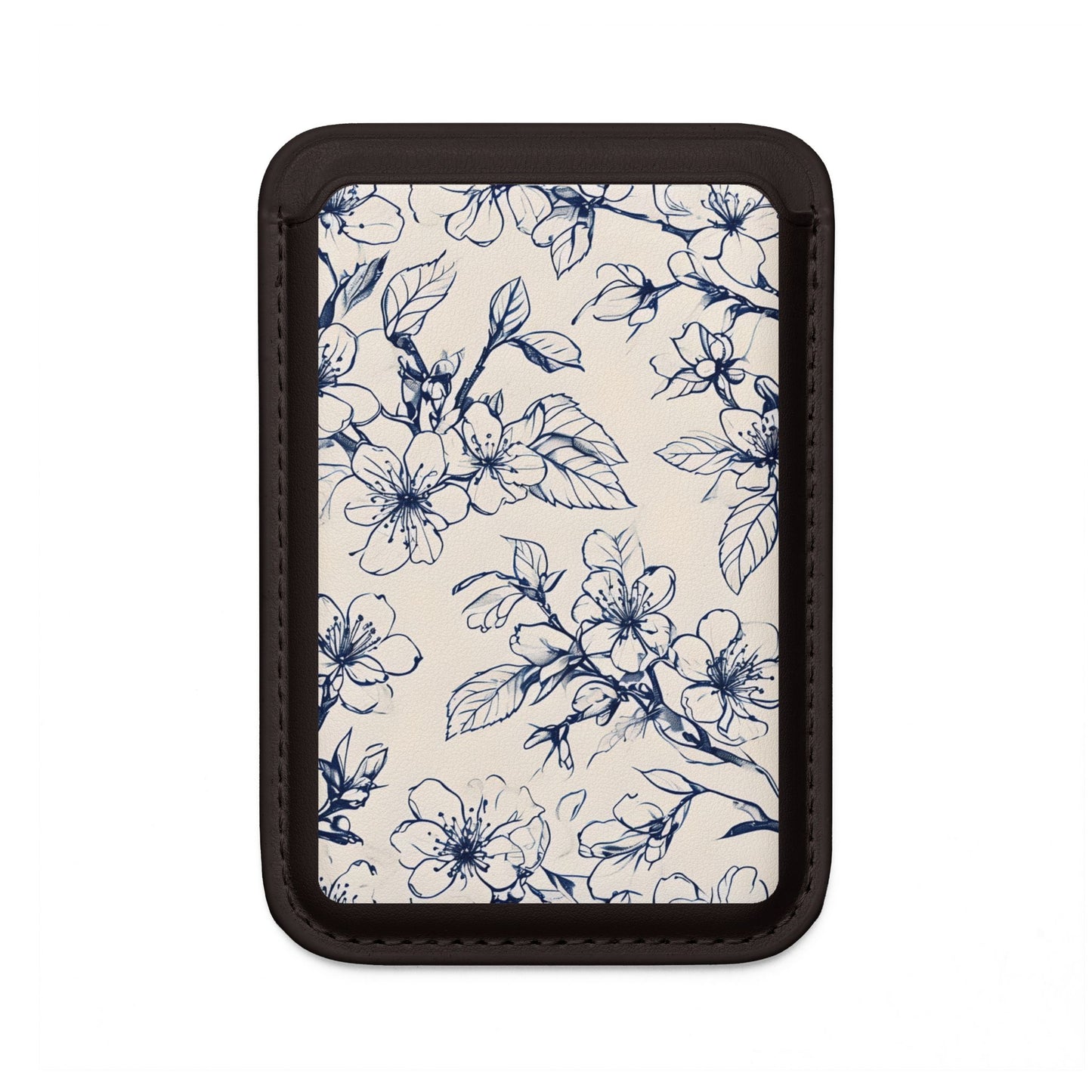 Blossom Sketch blue botanical line art MagSafe card holder with floral illustration on black magnetic wallet.