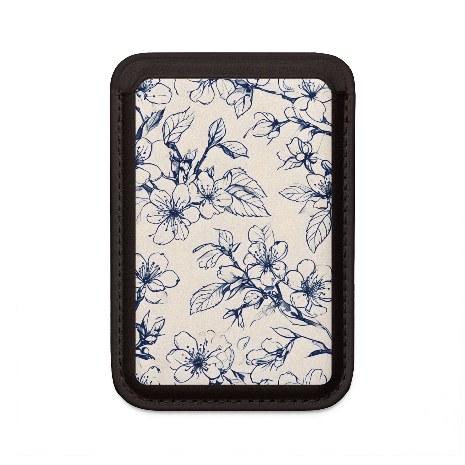 Blossom Sketch blue botanical line art MagSafe card holder with floral illustration on black magnetic wallet.