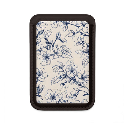 Blossom Sketch blue botanical line art MagSafe card holder with floral illustration on black magnetic wallet.