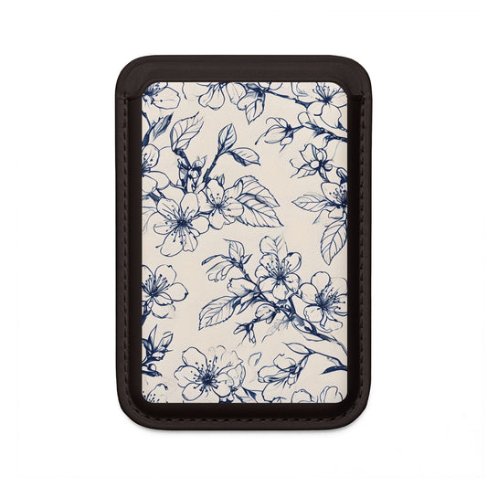 Blossom Sketch blue botanical line art MagSafe card holder with floral illustration on black magnetic wallet.