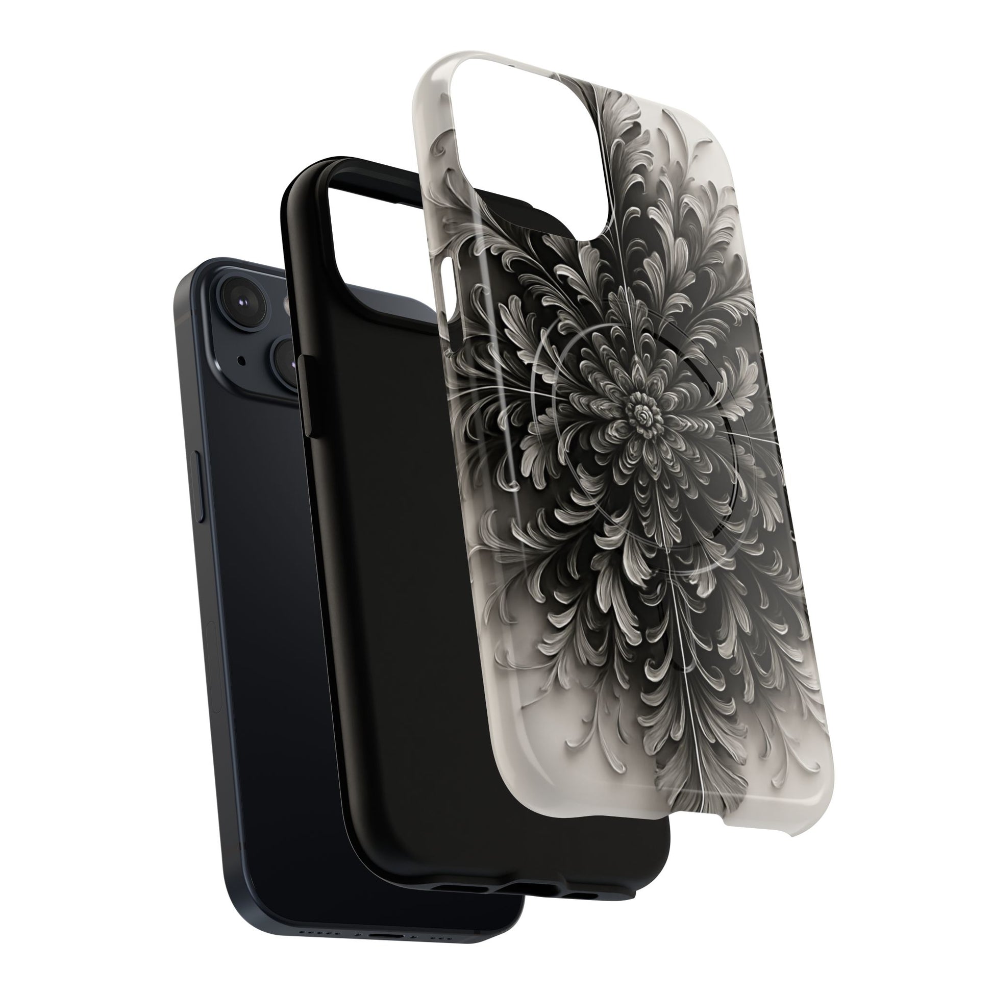 Obsidian Bloom - Elegant Black & White iPhone 14 MagSafe Phone Case - Intricate Mandala Flower Design