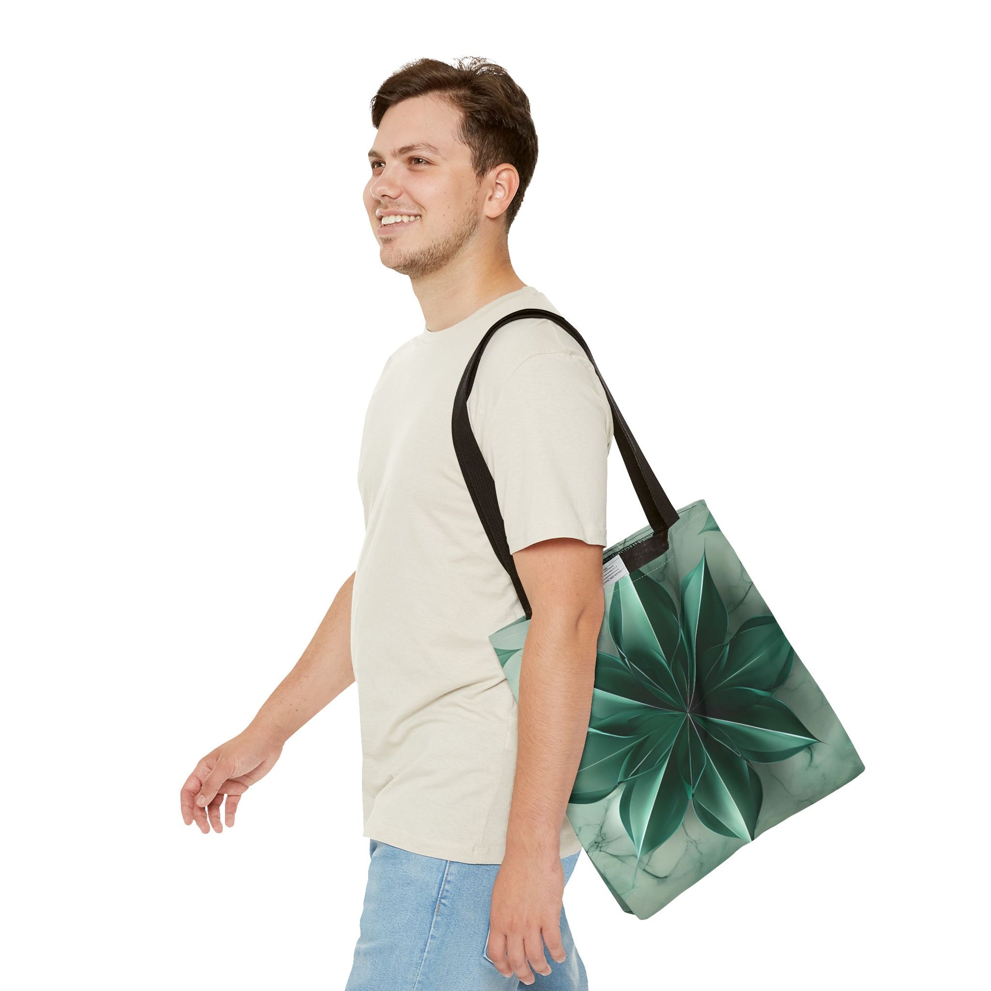 Emerald Bloom Tote Bag (16x16, 18x18), Dreamy Sculpted Motif in Soft Beige, Flat Printed Canvas Reusable Nature-Inspired Canvas Bag