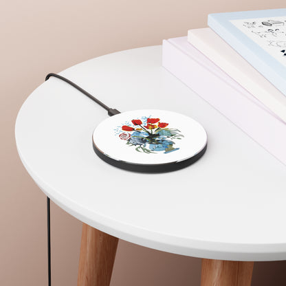 Bouquet Brilliance colorful flower bouquet art Qi wireless charger on bedside table with books