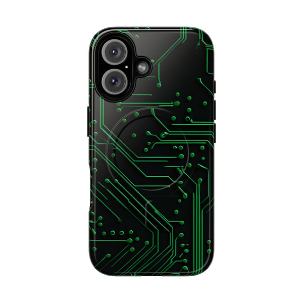 Green Circuit Grid iPhone 16 MagSafe Compatible case- Tech-Inspired Shockproof Cover
