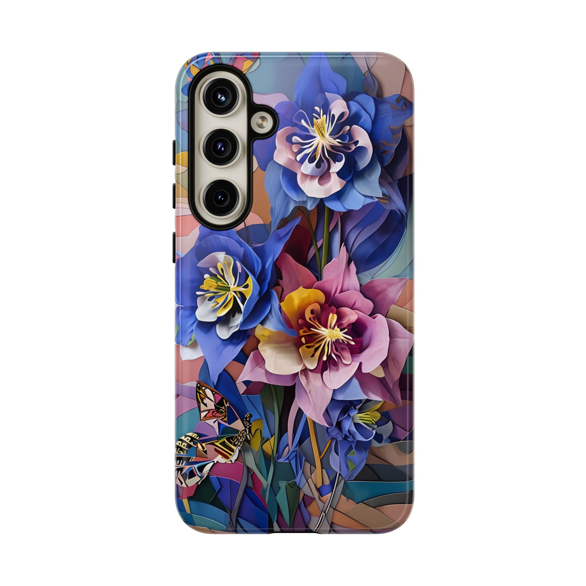 Blue Columbine Carnivale - Artistic Floral & Butterfly Samsung S24 Plus Tough Phone Case - Vibrant Botanical Design
