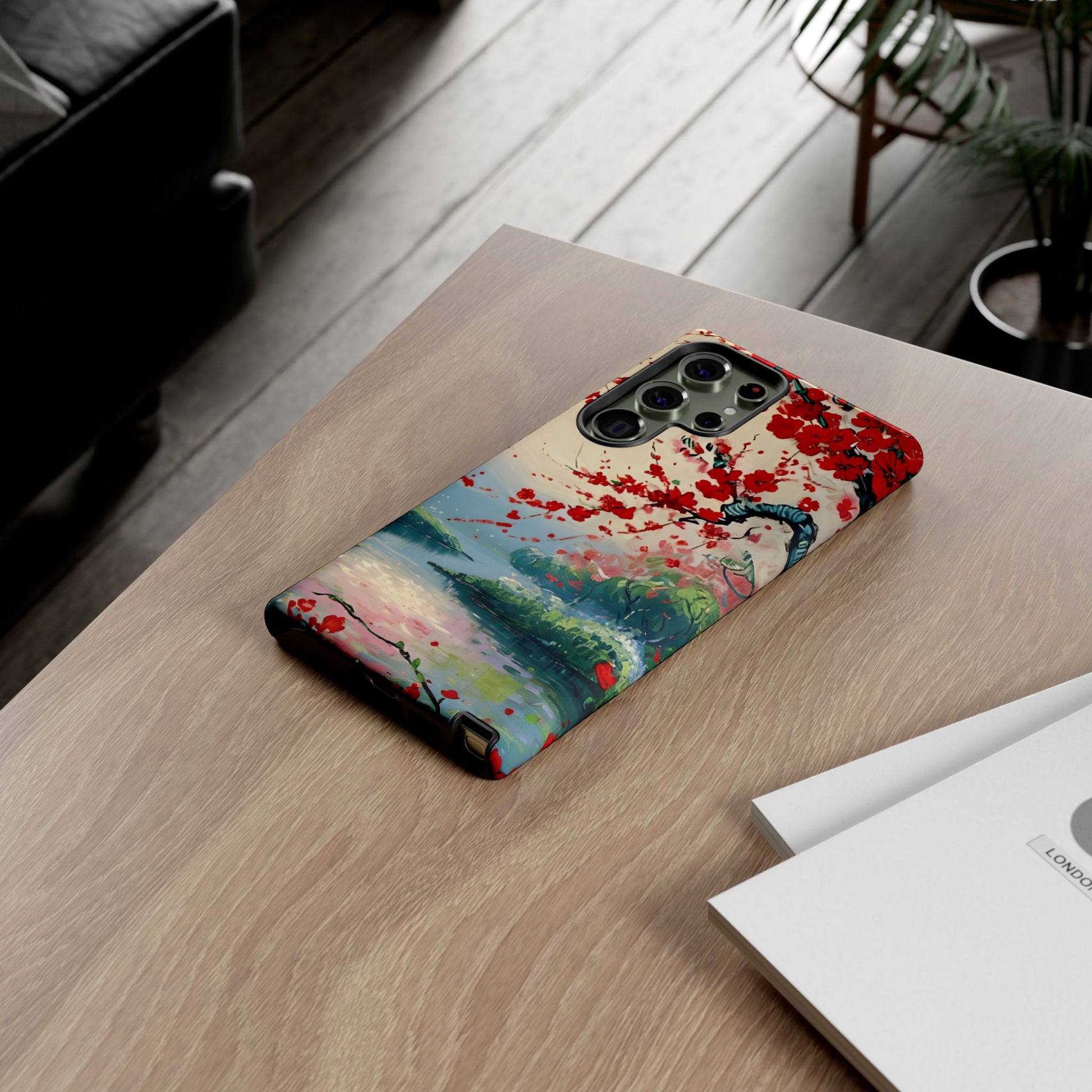 Crimson Blossom Lake red cherry blossoms Samsung Galaxy phone case lifestyle desk scene