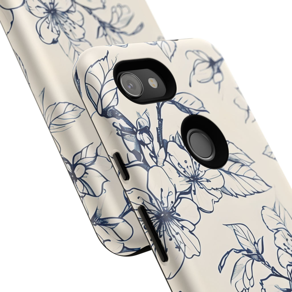 Blossom Sketch - Artistic Blue Floral Google Pixel 3a - Tough Phone Case - Hand-Drawn Botanical Design