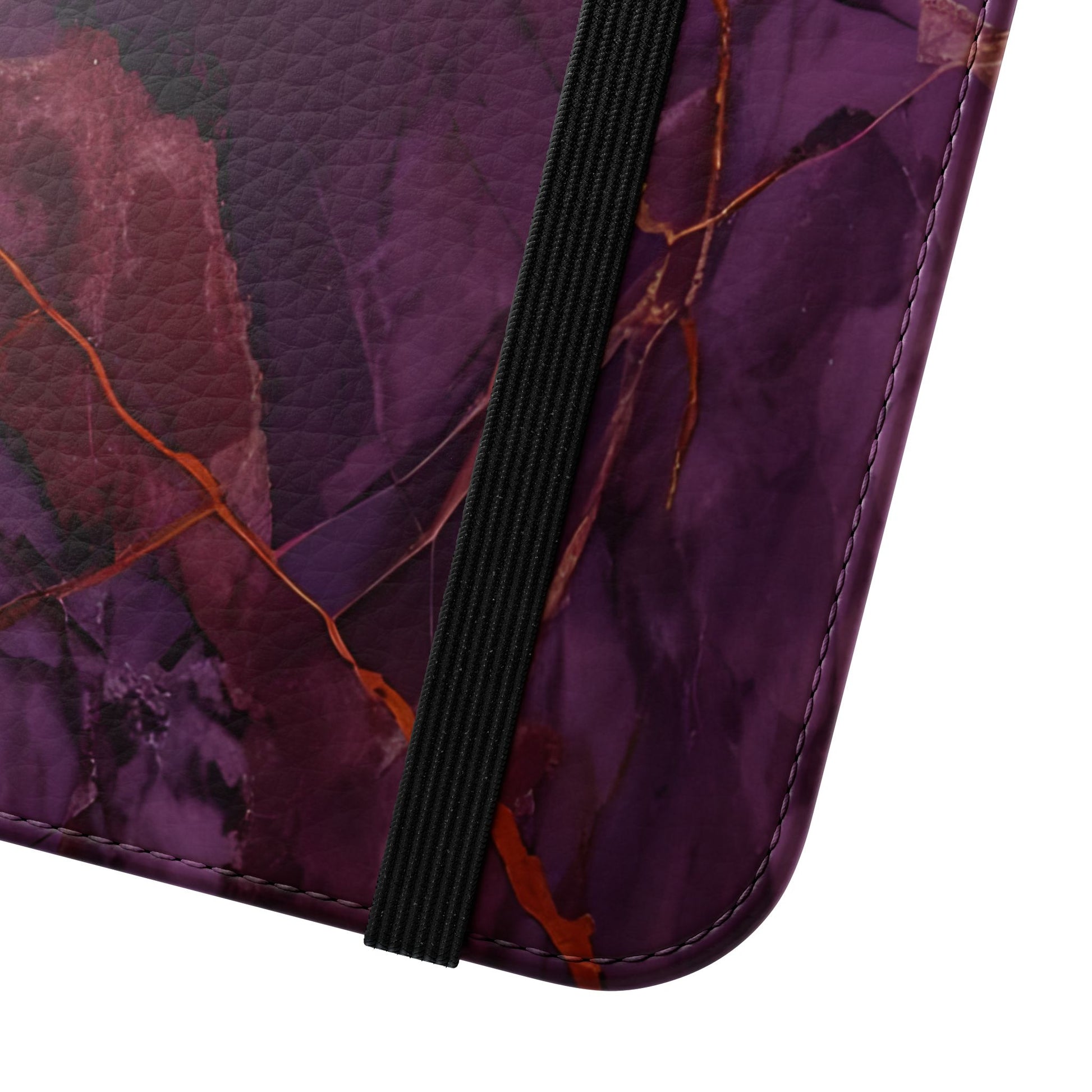 Close view of Amethyst Current marble iPhone wallet flip phone case with elastic closure