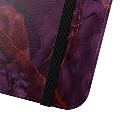 Close view of Amethyst Current marble iPhone wallet flip phone case with elastic closure