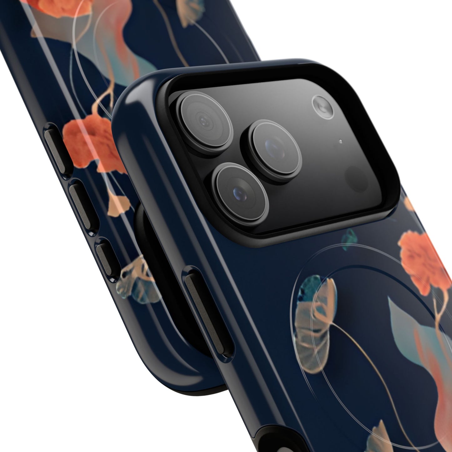Angled view of Lotus Reverie iPhone MagSafe protective phone case with large camera cutout