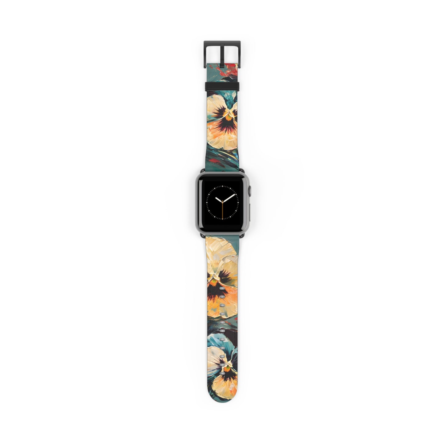 Golden Pansy Cascade Apple Watch band featuring vibrant pansy flower artwork on teal background