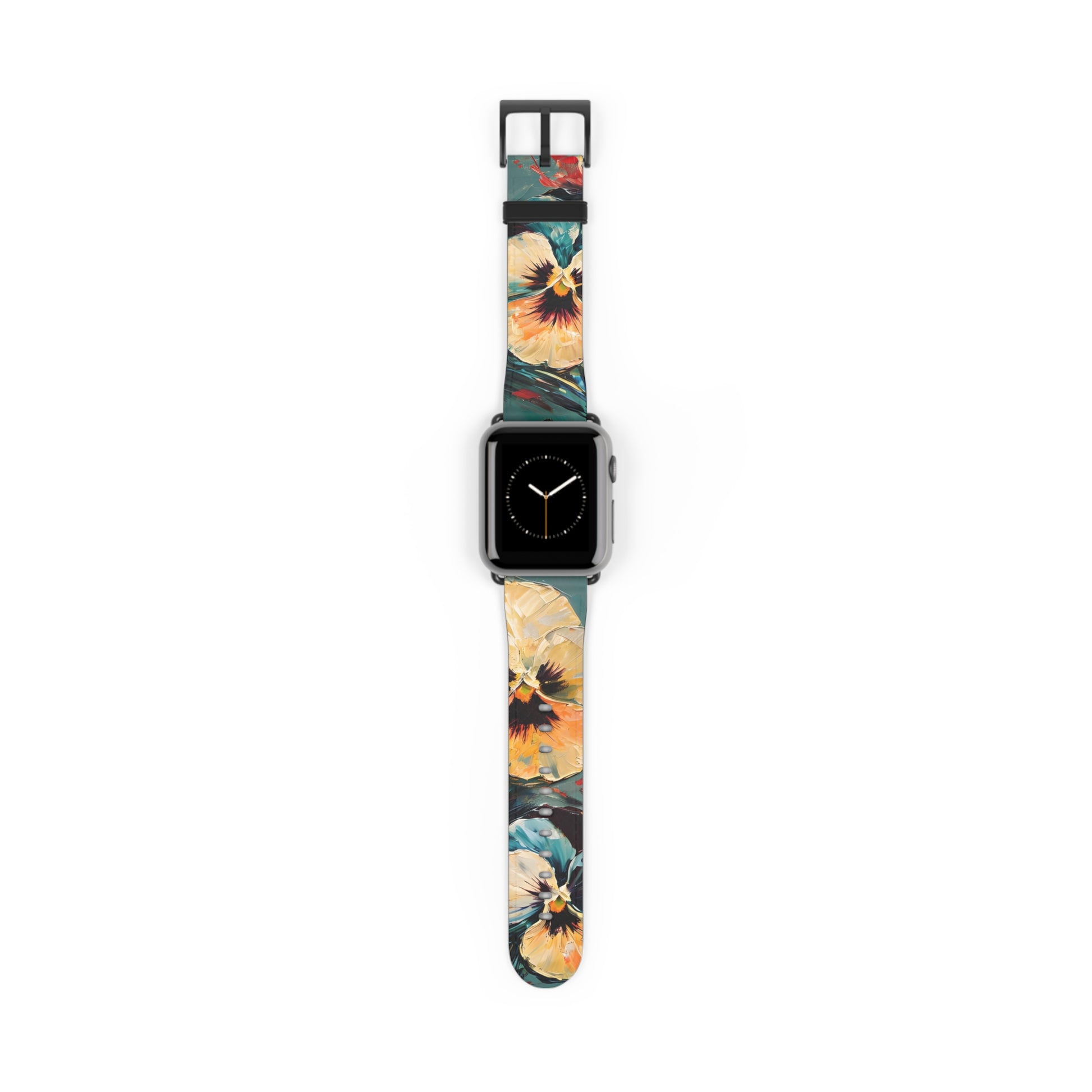 Golden Pansy Cascade Apple Watch band featuring vibrant pansy flower artwork on teal background