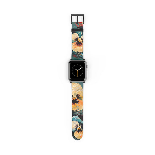 Golden Pansy Cascade Apple Watch band featuring vibrant pansy flower artwork on teal background