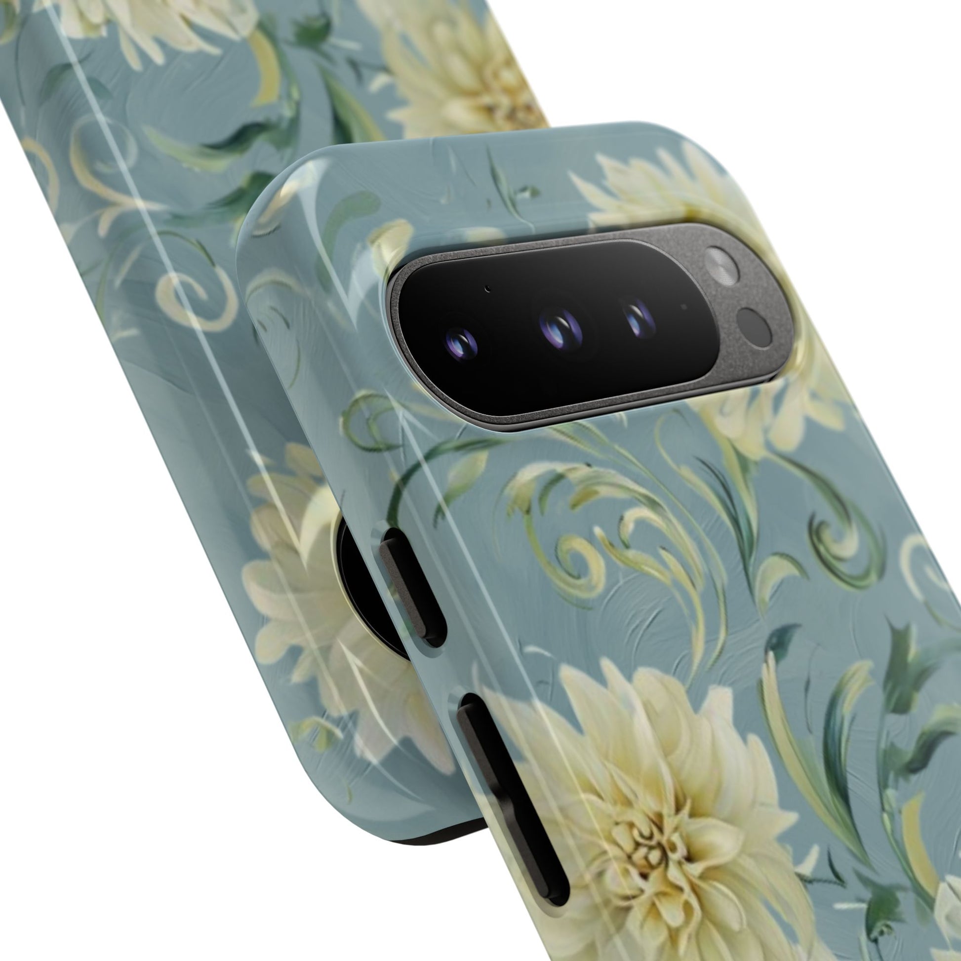 Golden Dahlia Trio - Elegant Floral Google Pixel 9 Pro Tough Phone Case - Artistic White & Blue Dahlia Design