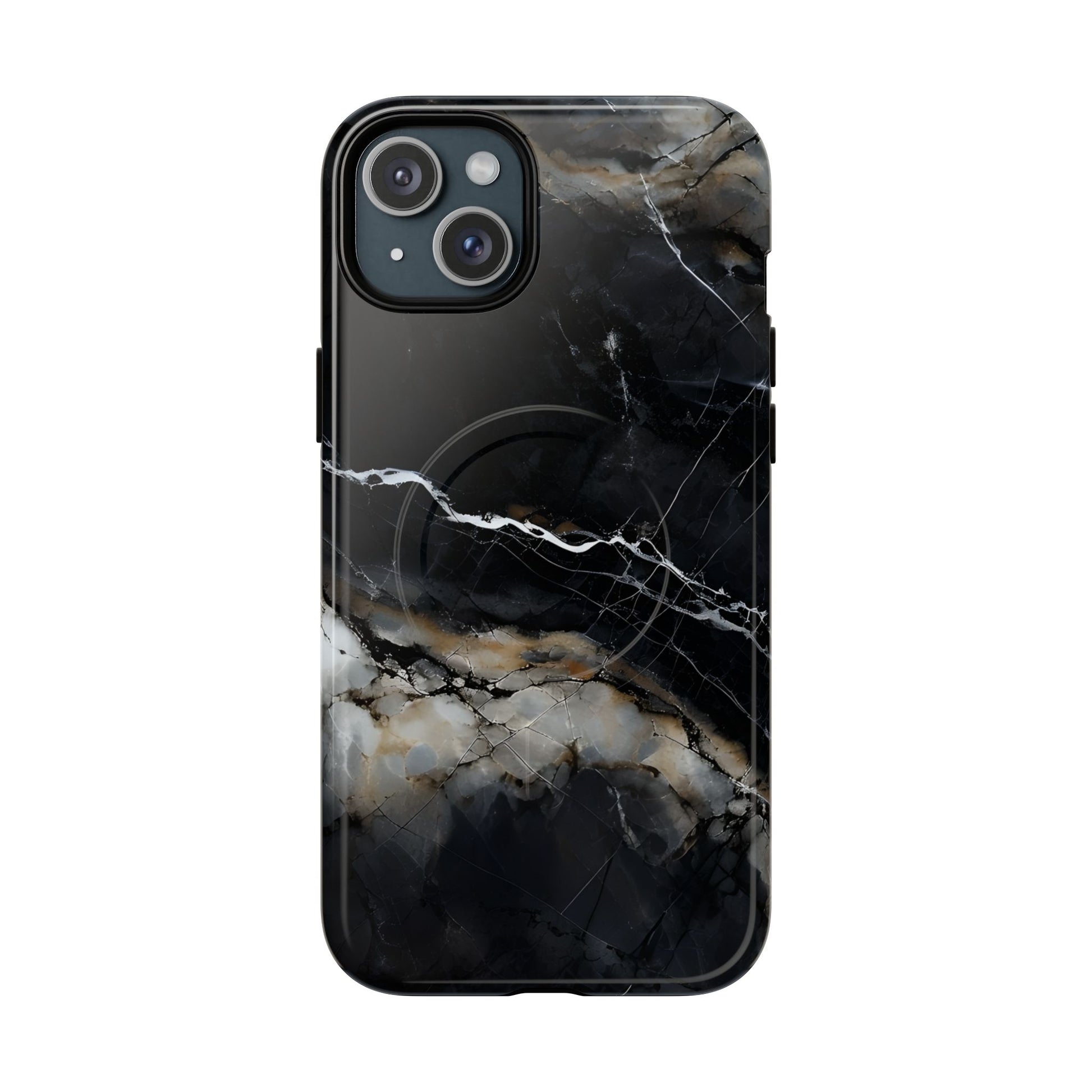Obsidian Vein iPhone 15 Plus MagSafe Phone Case -Black Neutral Marble Design