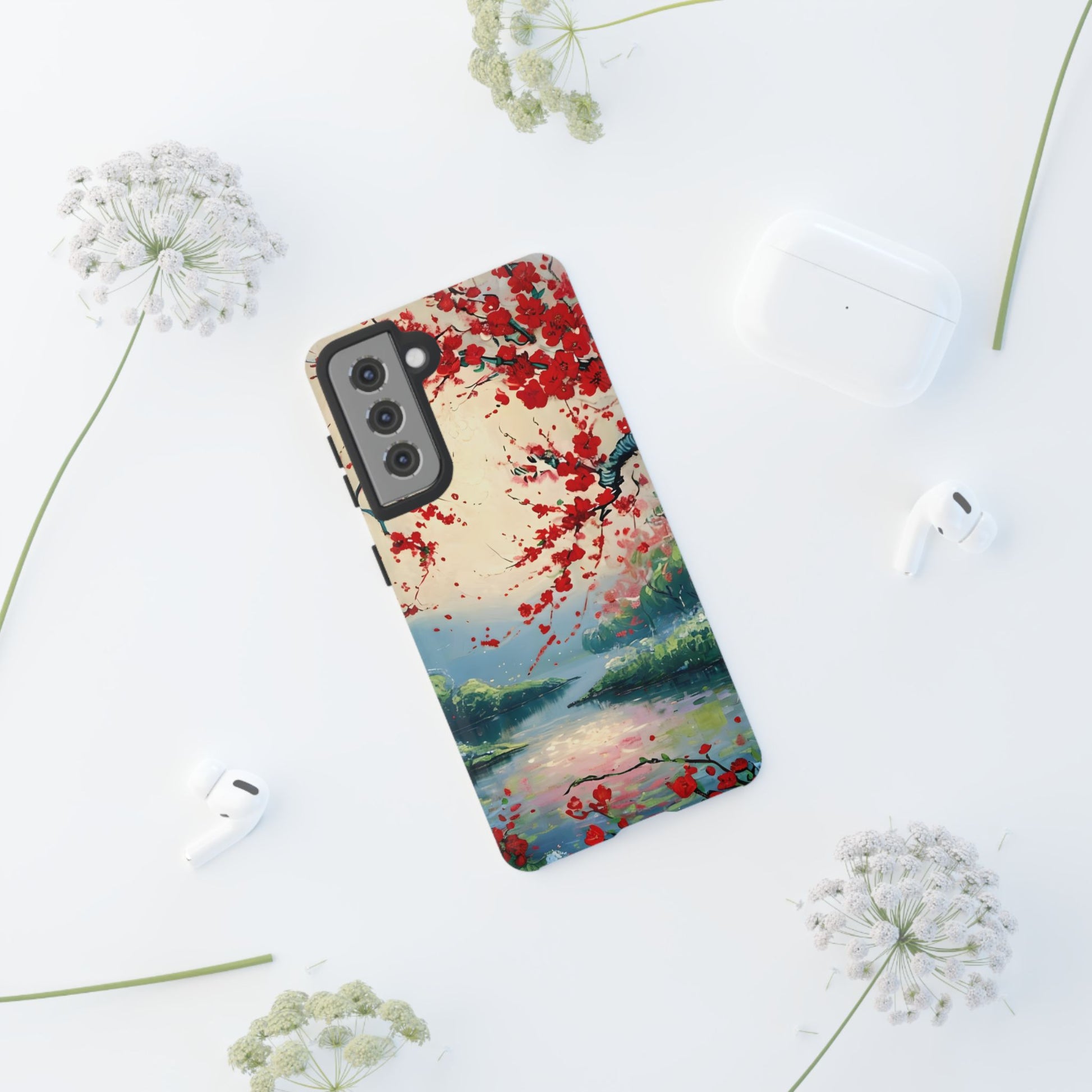 Crimson Blossom Lake - Artistic Floral Landscape Samsung Galaxy S21 Tough Phone Case - Red Cherry Blossoms & Serene Lake Design