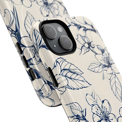 Blossom Sketch - Artistic Blue Floral - iPhone MagSafe Phone Case - Botanical Design