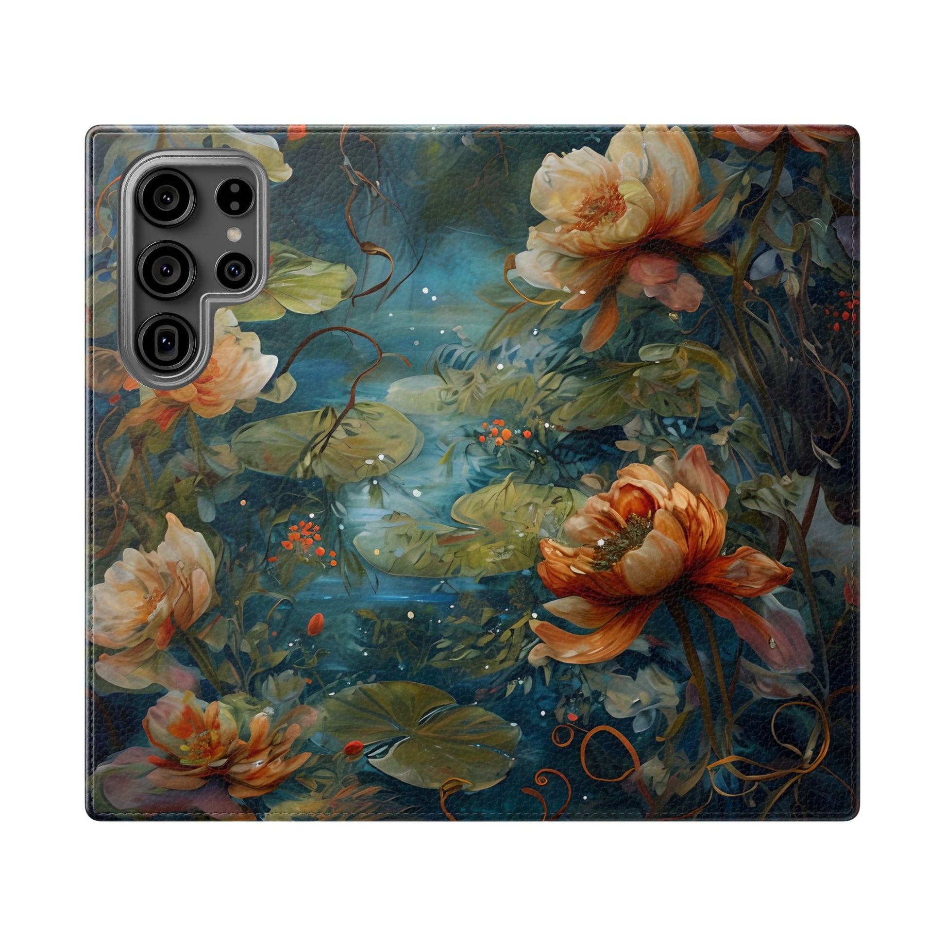 Waterlily Nocturne Samsung Galaxy S23 Ultra Wallet Case - Elegant Floral Flip Cover, Vintage Botanical Phone Folio