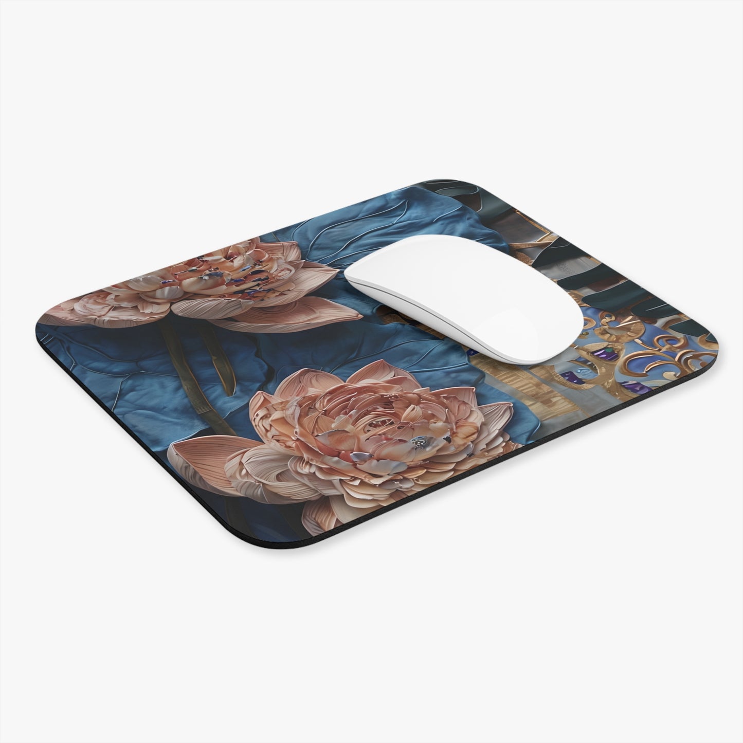 Peony Midnight Tapestry mouse pad in workspace with mouse showing detailed peony design