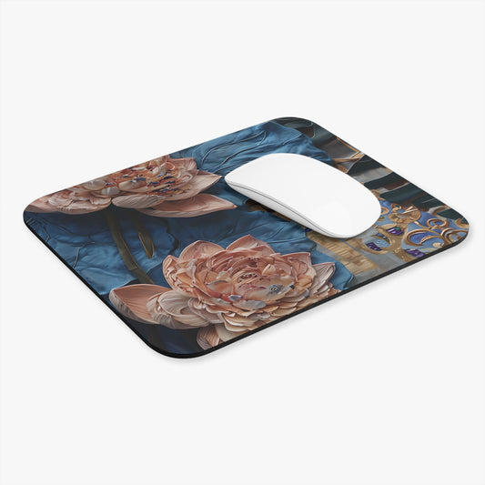 Peony Midnight Tapestry mouse pad in workspace with mouse showing detailed peony design