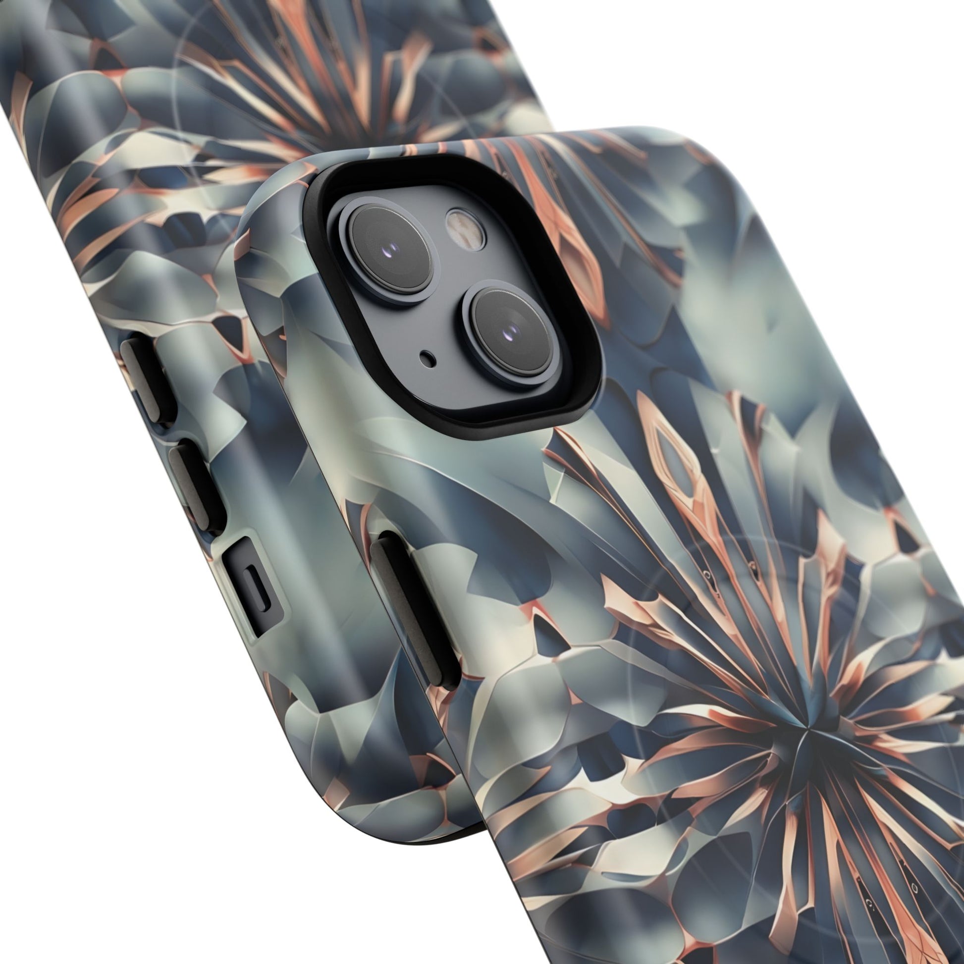 Obsidian Kaleidoscope Artistic Floral Burst - iPhone 14 Plus MagSafe Phone Case -Blue, Peach and Silver Symmetrical Design