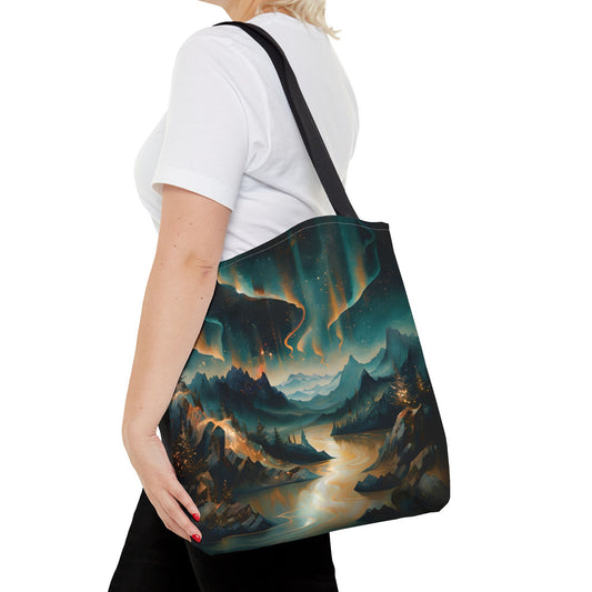 Aurora Dreamscape canvas tote bag worn over shoulder displaying colorful aurora-inspired design