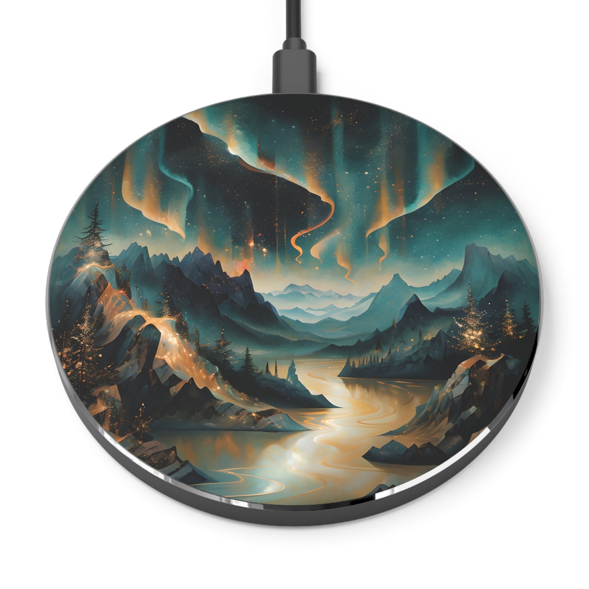 Aurora Dreamscape northern lights landscape decorative Qi wireless charger with glowing aurora over mountain river