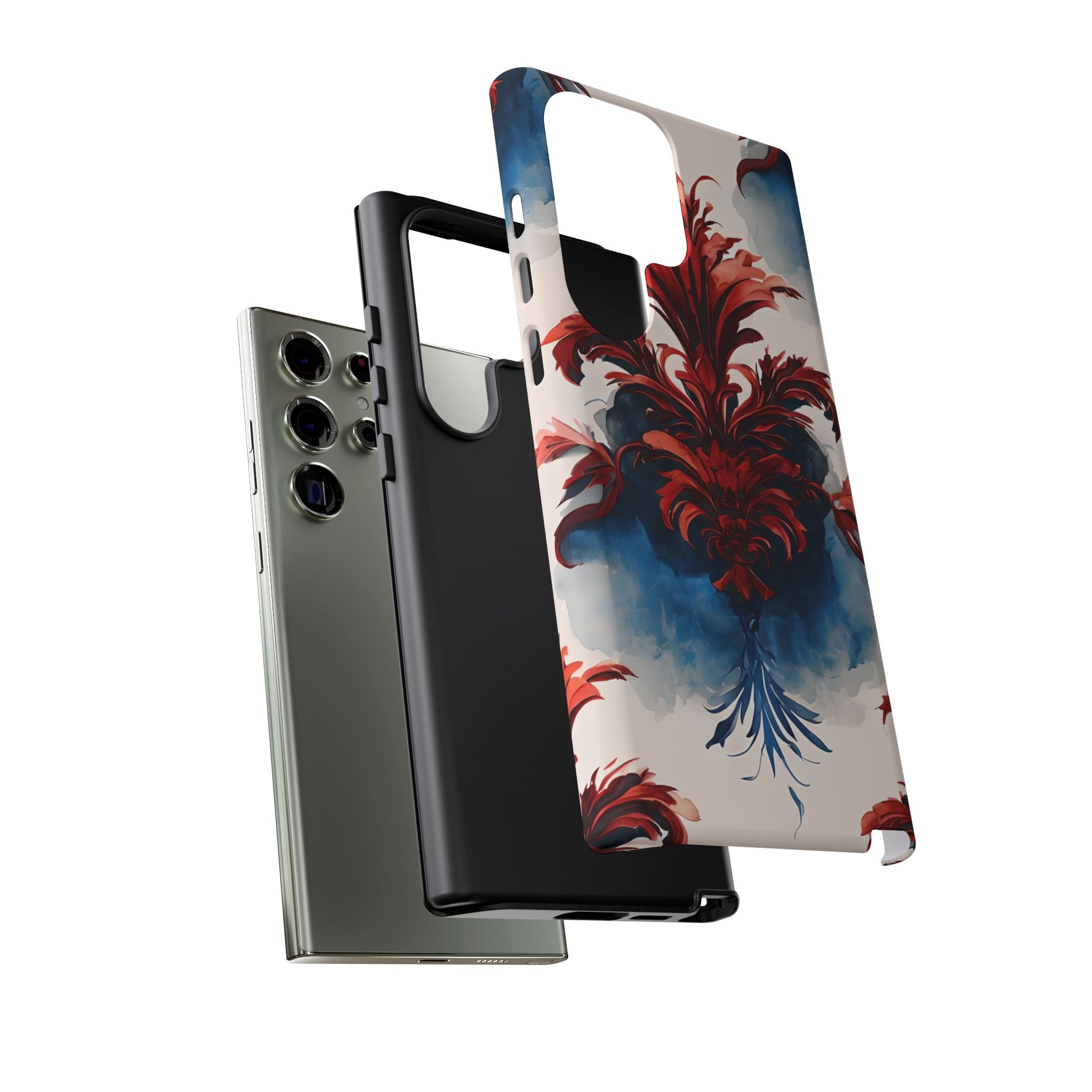 Crimson Plume - Bold Artistic Feather Samsung Galaxy S23 Ultra Tough Phone Case - Dramatic Red & Blue Design