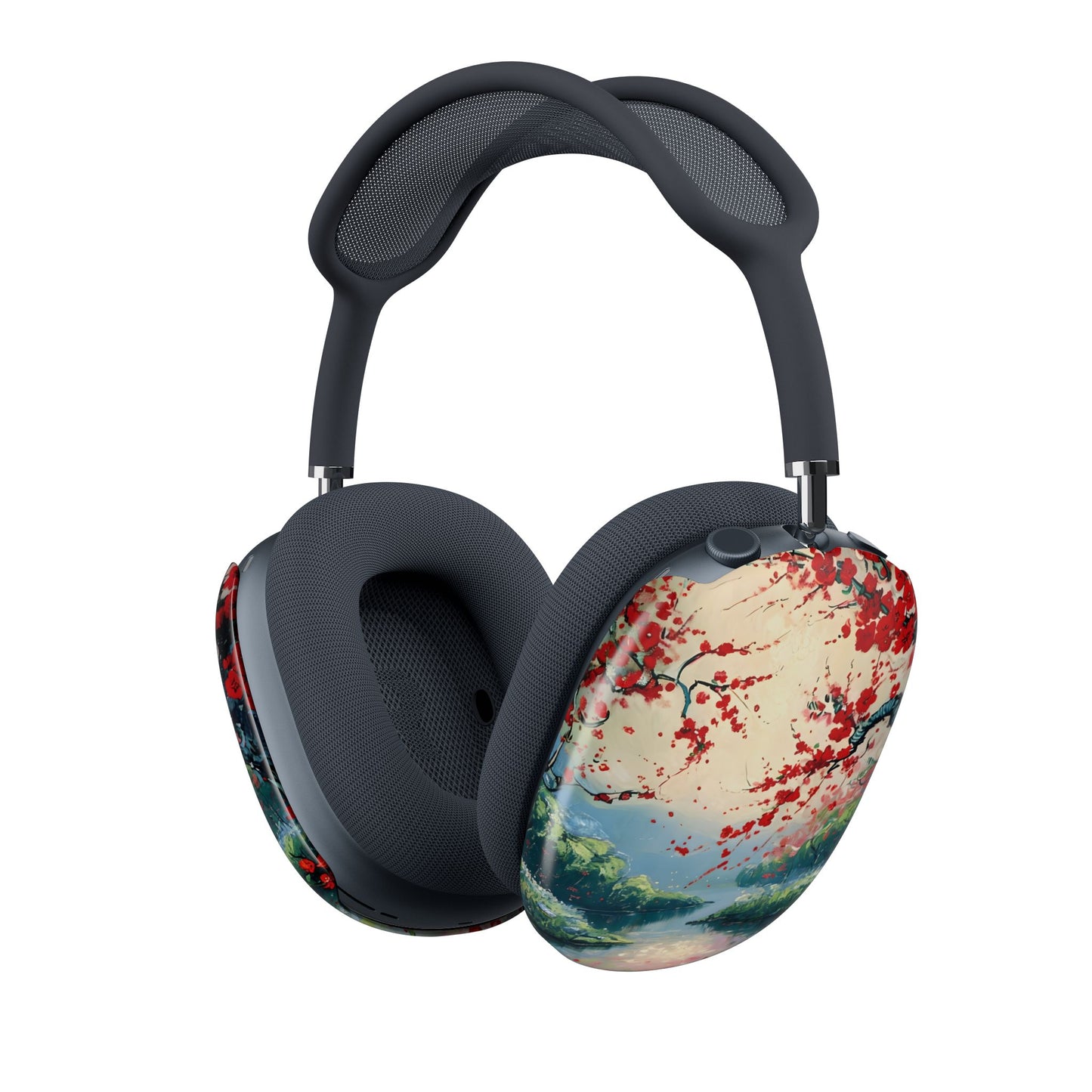 Crimson Blossom Lake AirPods Max cover with red flowering tree branches over misty teal lake and distant hills, angled view on Apple AirPods Max headphones
