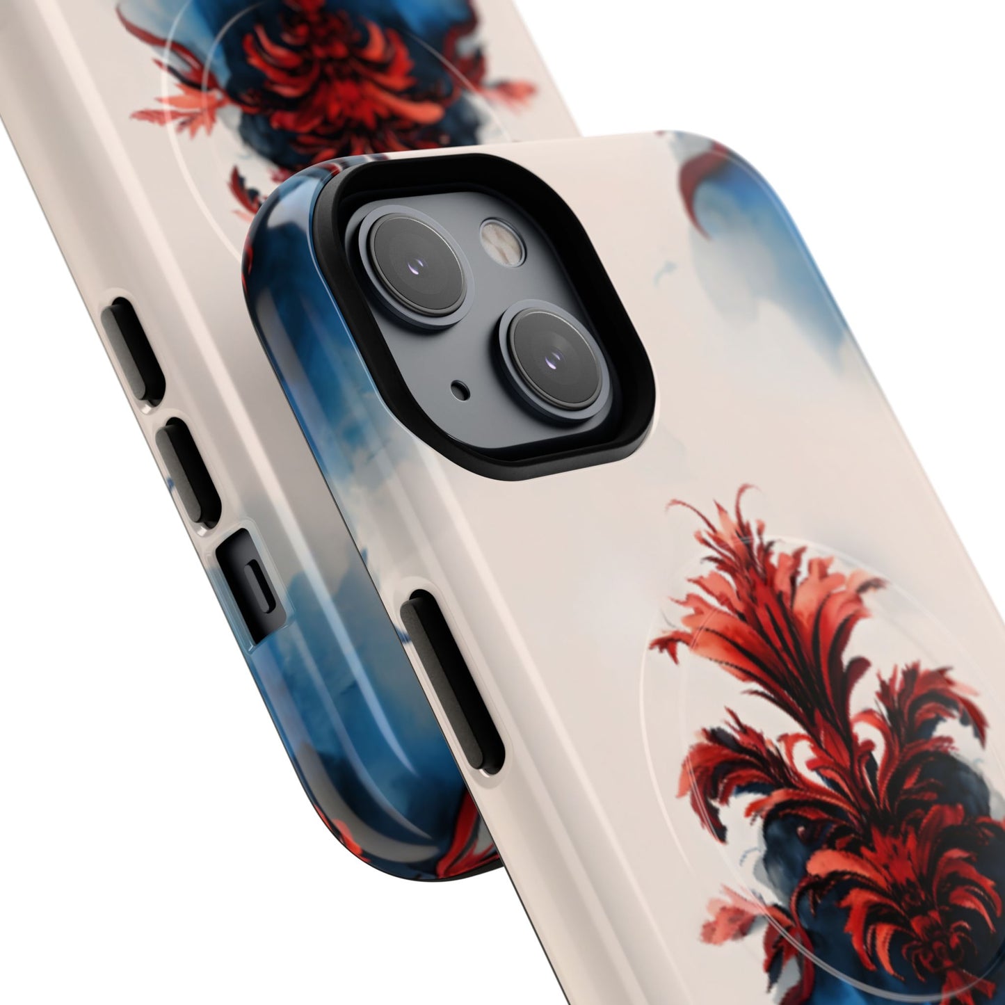 Angled view of Crimson Plume iPhone MagSafe protective phone case
