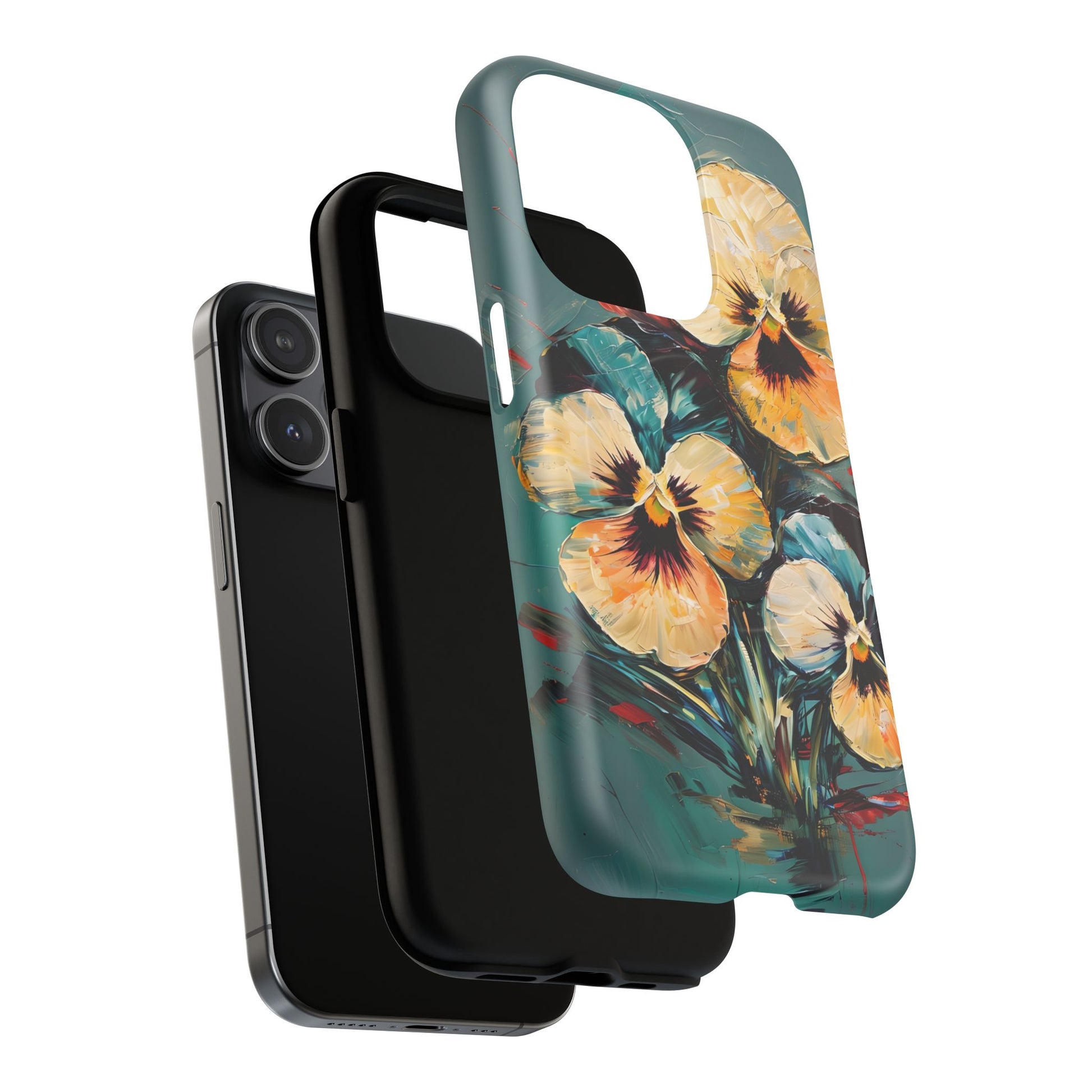Golden Pansy Cascade - Elegant Floral iPhone 15 Pro MagSafe Case with Deep Teal Background