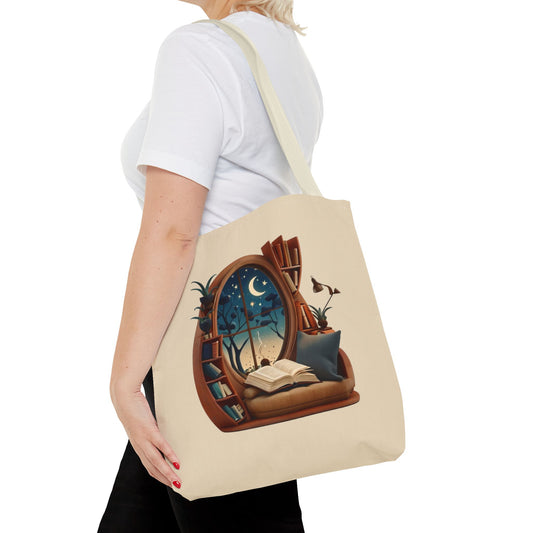 Starlit Sanctuary canvas tote bag worn over shoulder showing magical starry night illustration