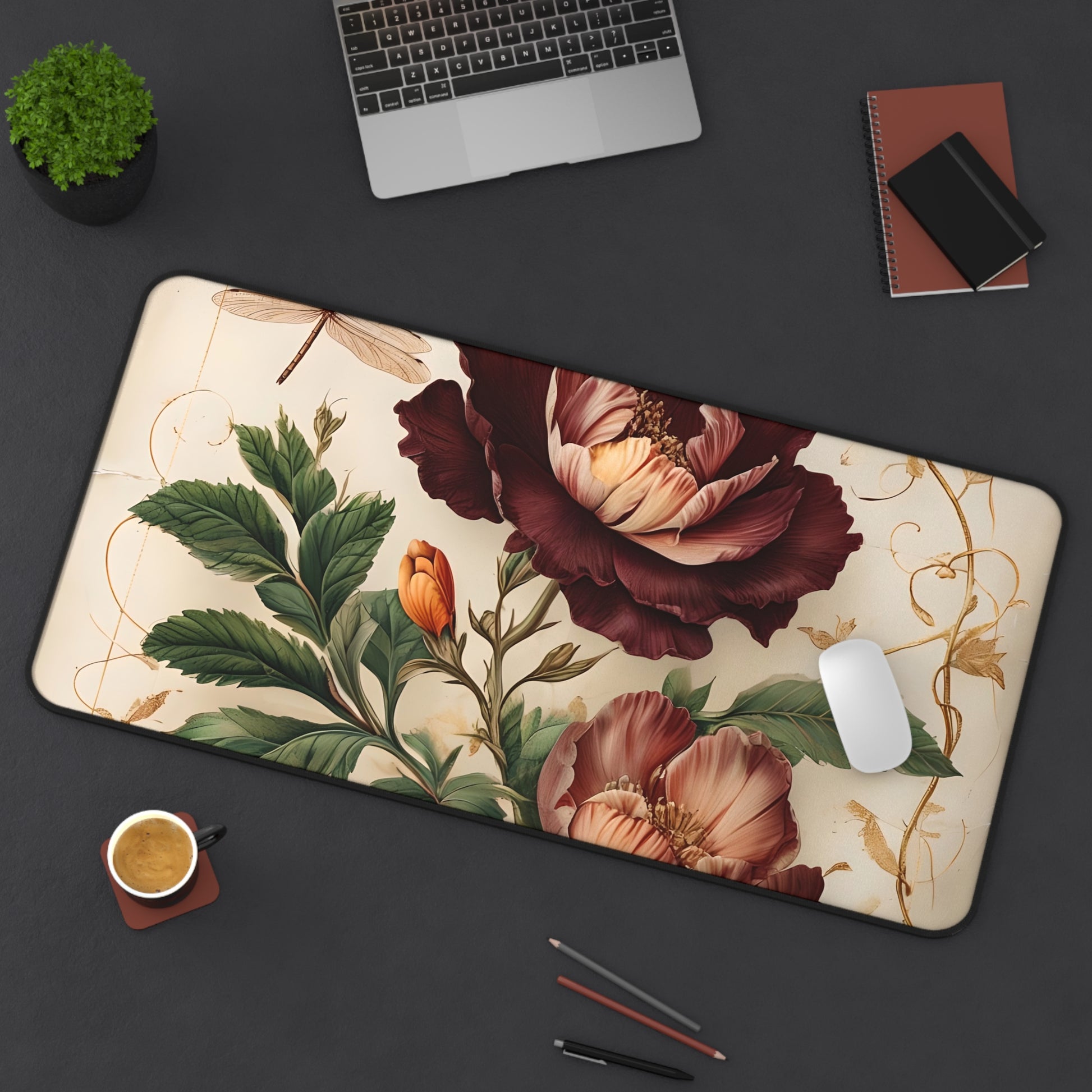 Vintage Burgundy Rose Designer Desk Mat - Premium Office Desk Pad, 3 Sizes Available, Artistic Workspace Protection