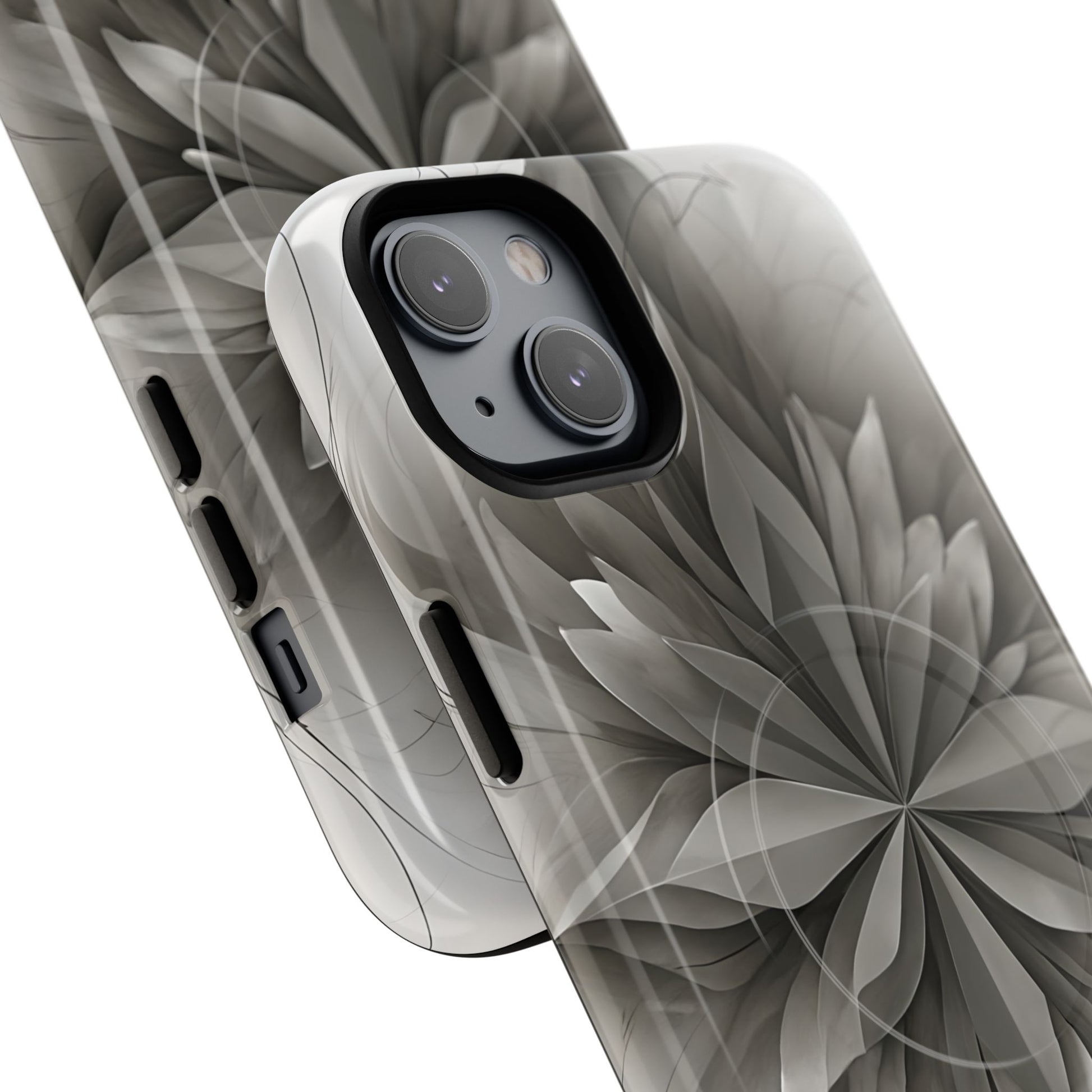 Silver Lotus - Elegant Monochrome Floral iPhone 14 Plus MagSafe Phone Case - Modern Lotus Design