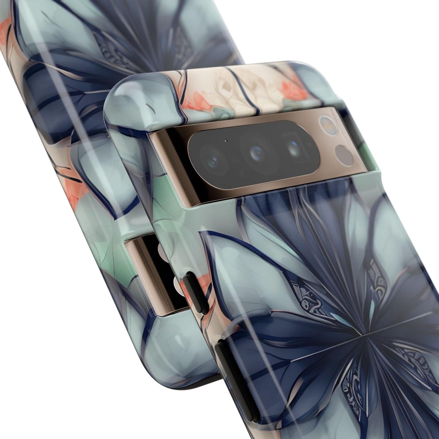 Midnight Mosaic blue abstract floral mosaic artwork Google Pixel phone case angled view