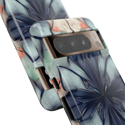 Midnight Mosaic blue abstract floral mosaic artwork Google Pixel phone case angled view