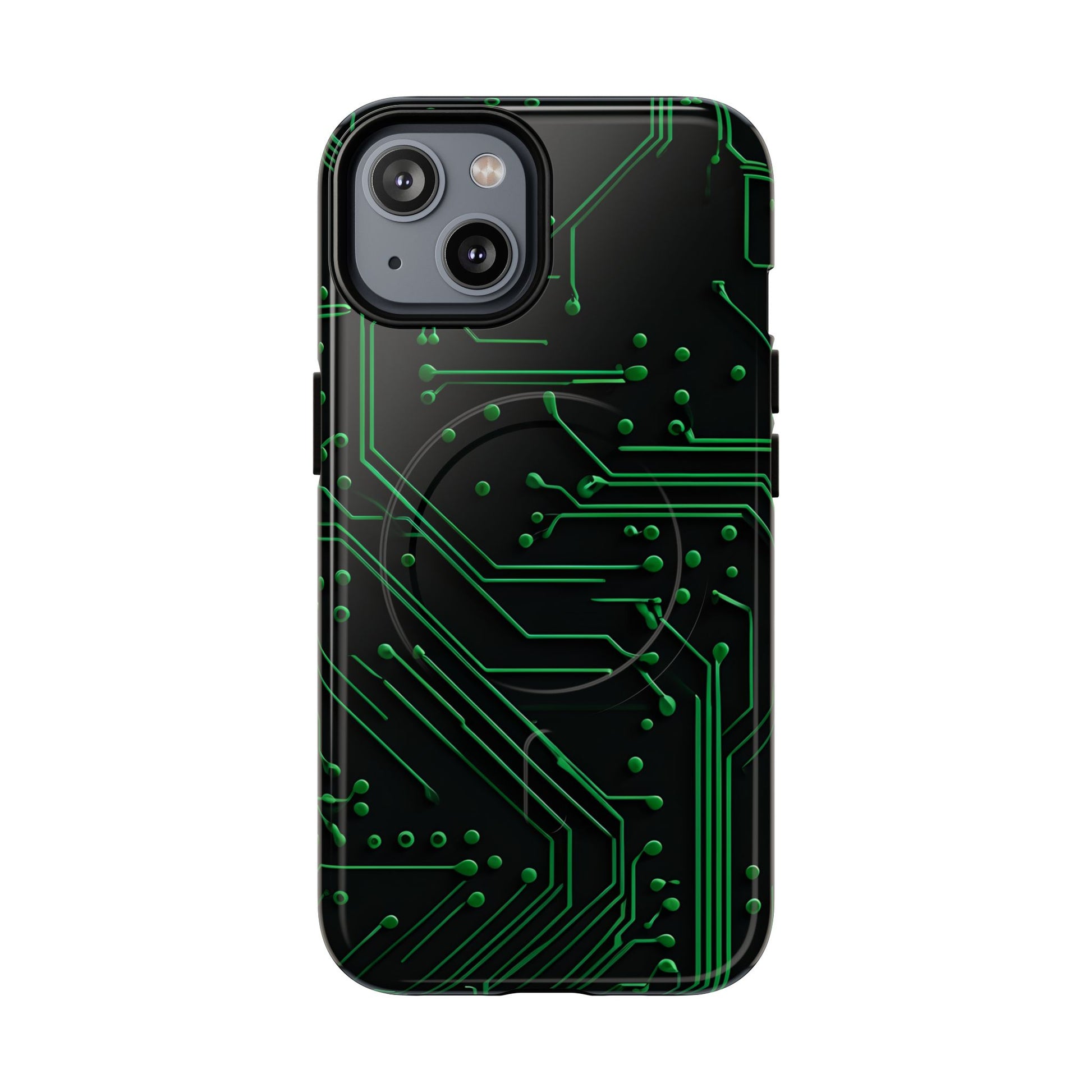 Green Circuit Grid iPhone 14 MagSafe Compatible case- Tech-Inspired Shockproof Cover