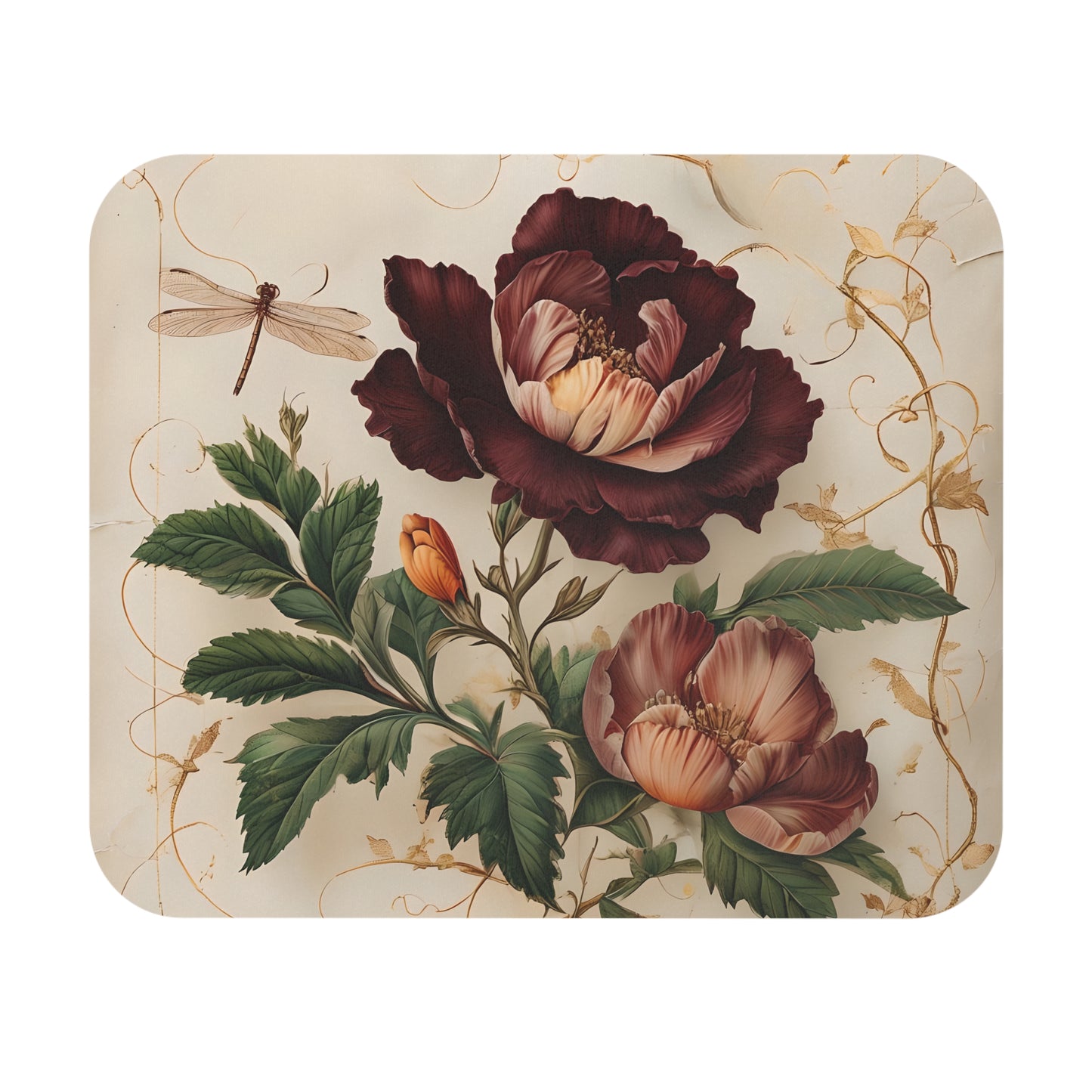 Vintage Burgundy Rose mouse pad featuring classic burgundy rose floral and dragonfly illustration