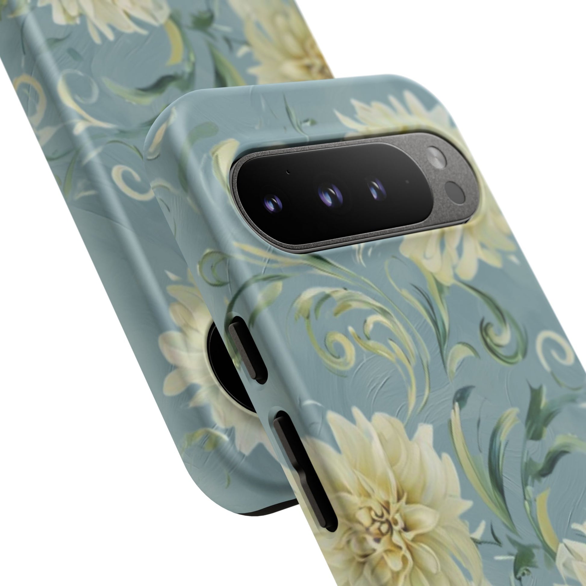 Golden Dahlia Trio - Elegant Floral Google Pixel 9 Pro XL Tough Phone Case - Artistic White & Blue Dahlia Design