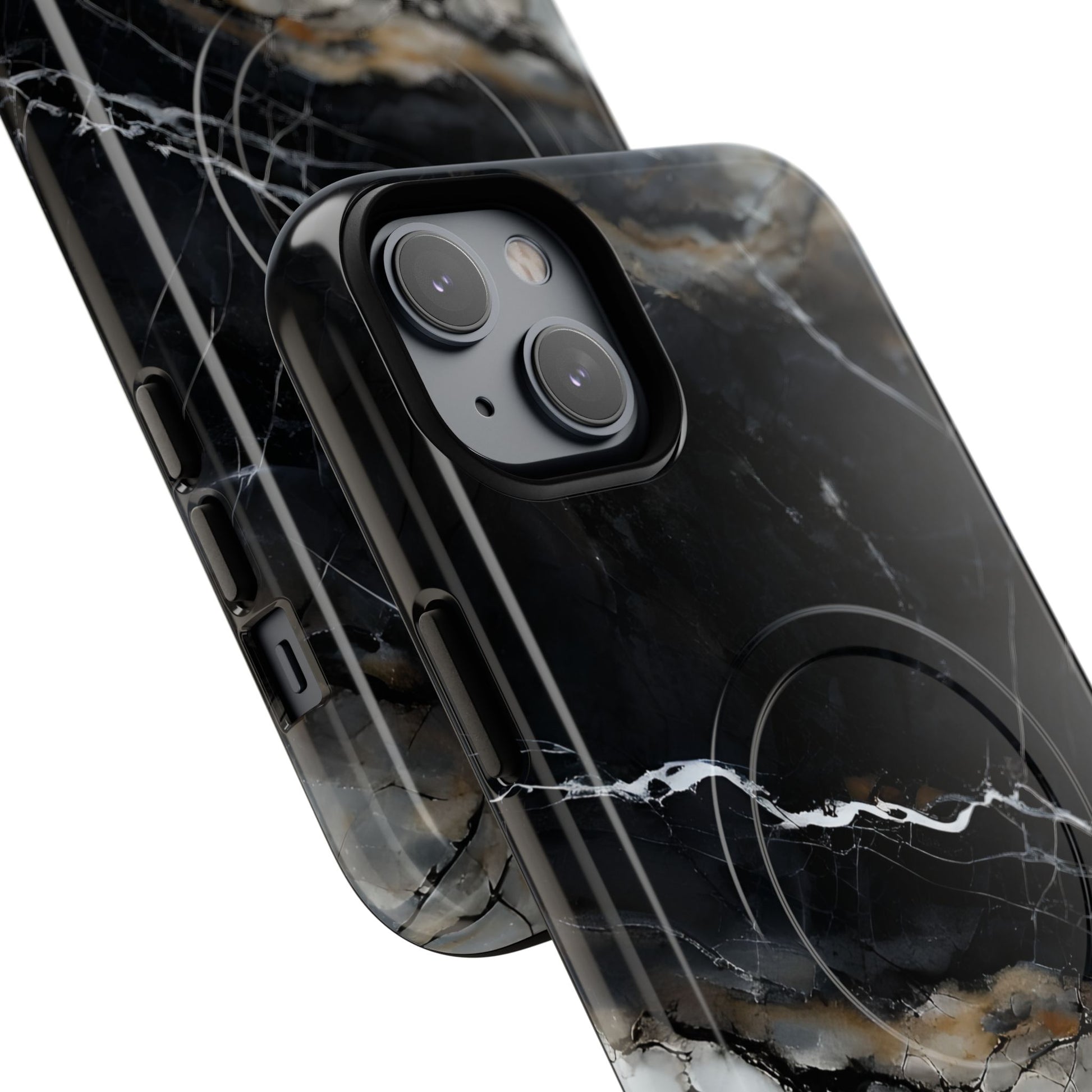Obsidian Vein iPhone 14 Plus MagSafe Phone Case -Black Neutral Marble Design