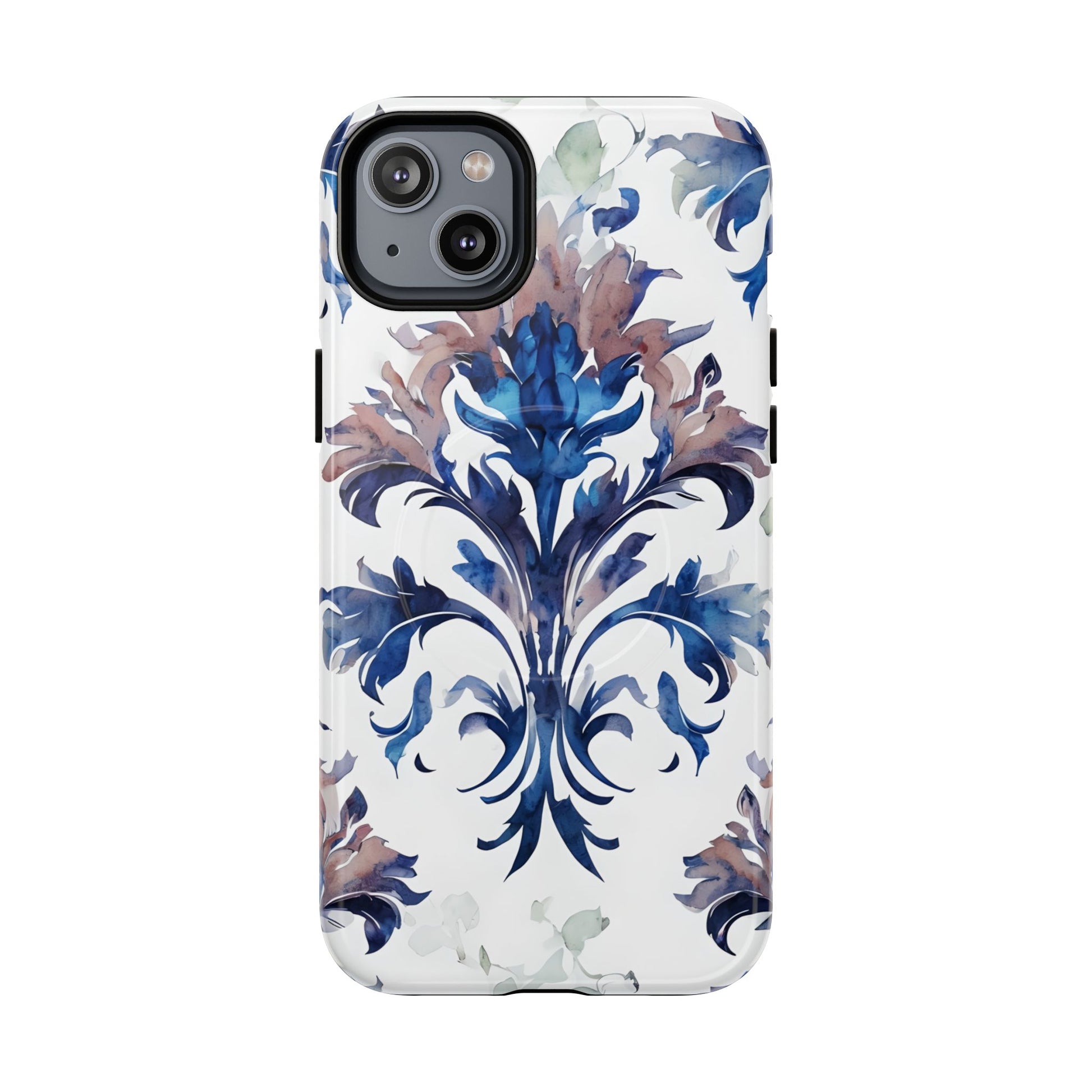 Delft Reverie - Elegant Blue & White iPhone 14 Plus MagSafe Phone Case - Dutch Delftware-Inspired Floral Design