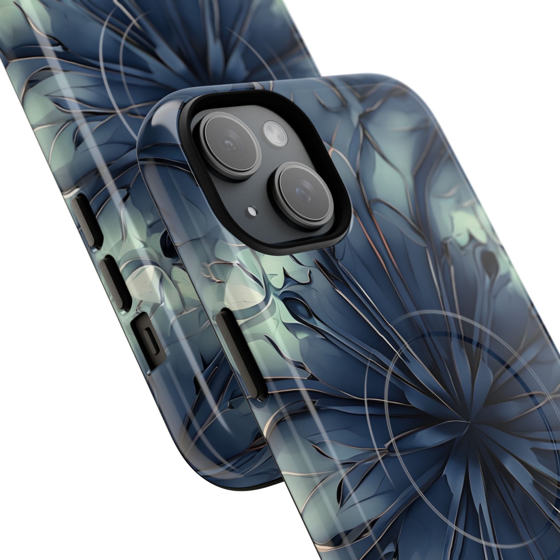 Indigo Mosaic - Artistic Kaleidoscope Collection Artistic Floral - iPhone 15 Plus MagSafe Phone Case -Bold Blue Symmetrical Design