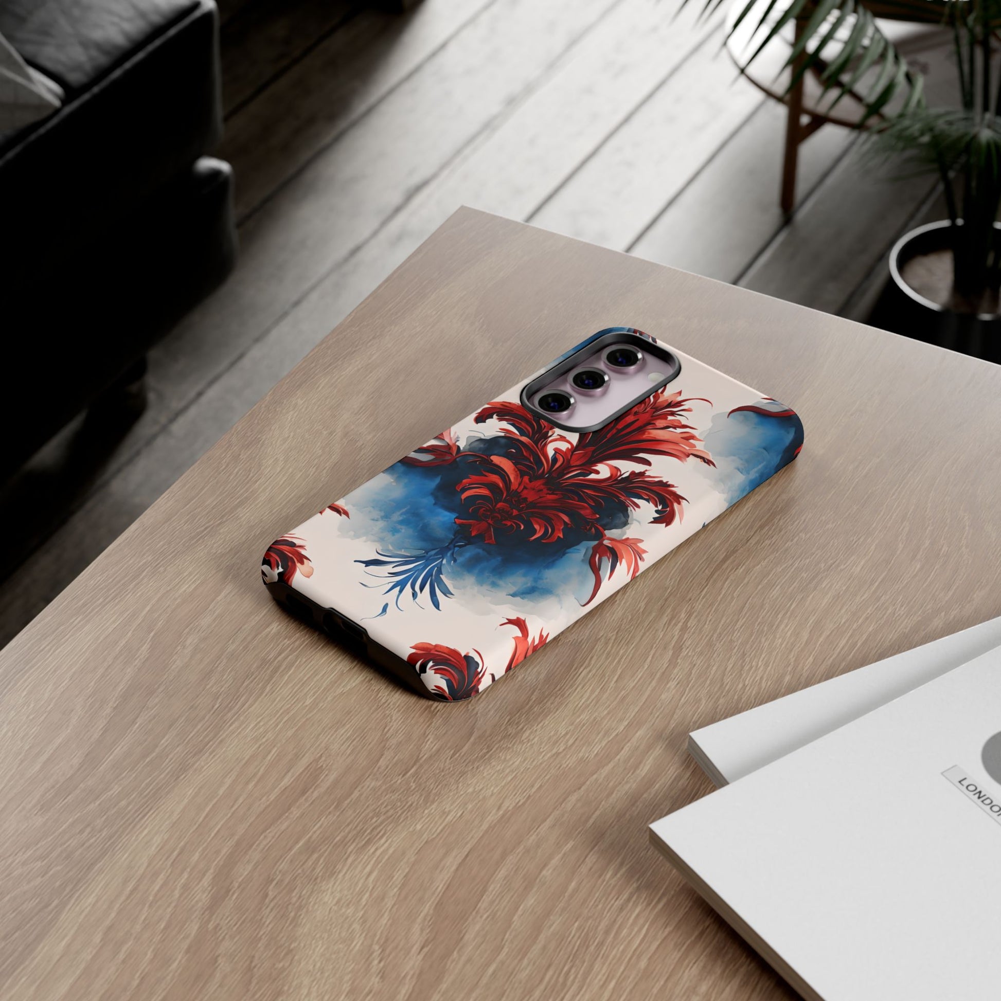 Crimson Plume - Bold Artistic Feather Samsung Galaxy S23 Plus Tough Phone Case - Dramatic Red & Blue Design