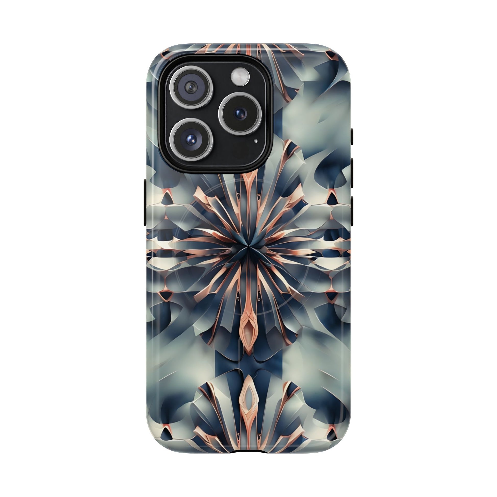 Obsidian Kaleidoscope Artistic Floral Burst - iPhone 15 Pro MagSafe Phone Case -Blue, Peach and Silver Symmetrical Design