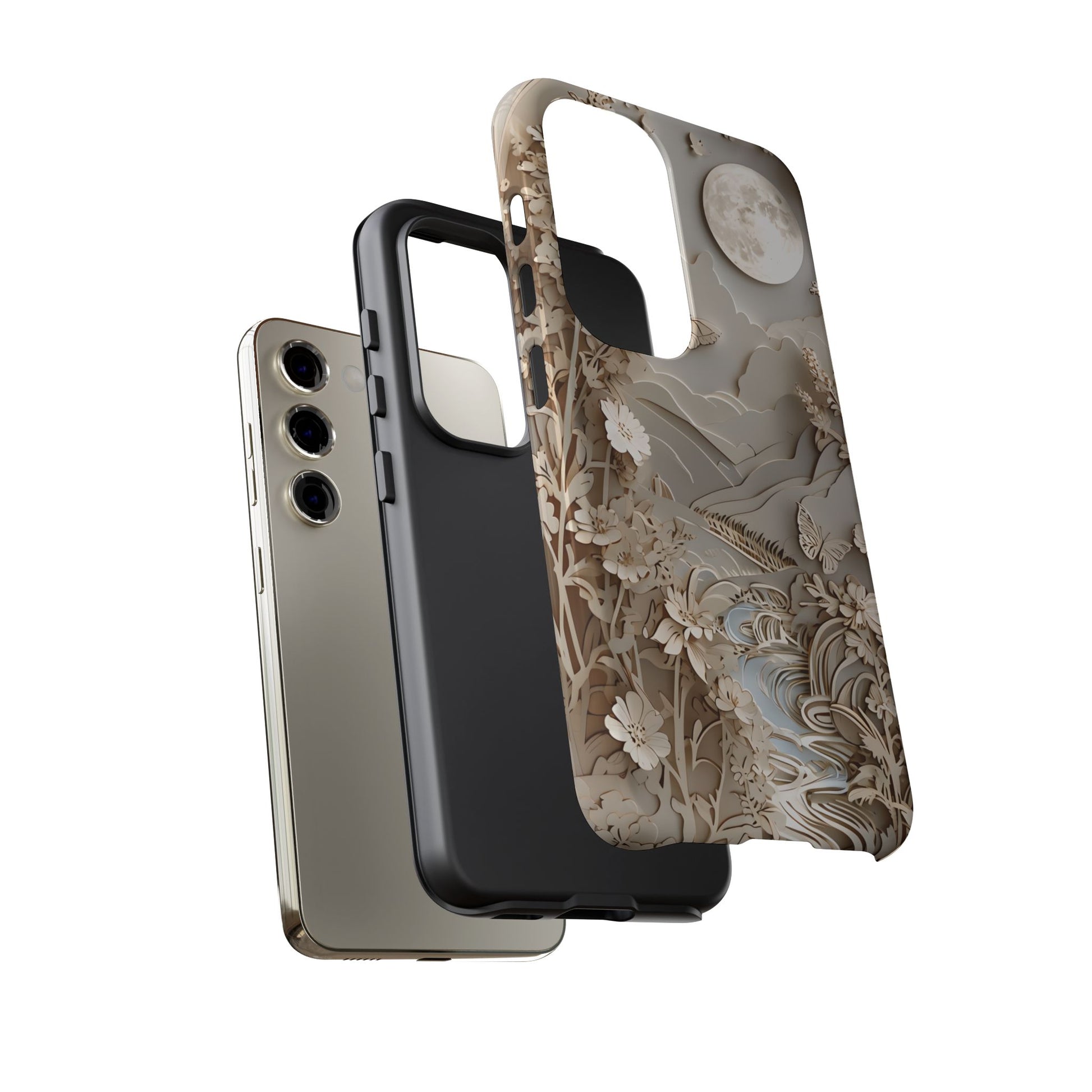 Moonlit Garden - Elegant Neutral Floral Samsung Galaxy S23 Tough Phone Case - Painterly Botanical & Moon Design