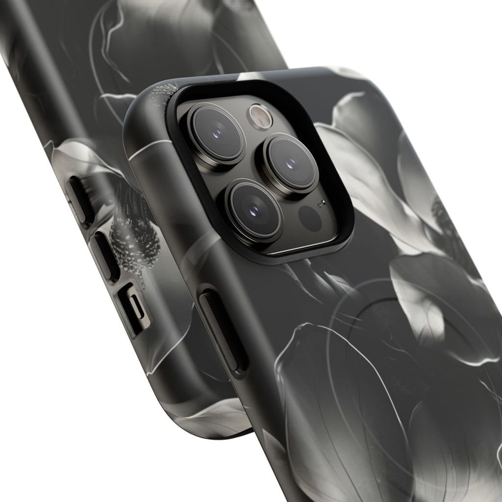 Monochrome Magnolia - Elegant Black & White Floral iPhone 14 Pro Max MagSafe Phone Case - Artistic Magnolia Design