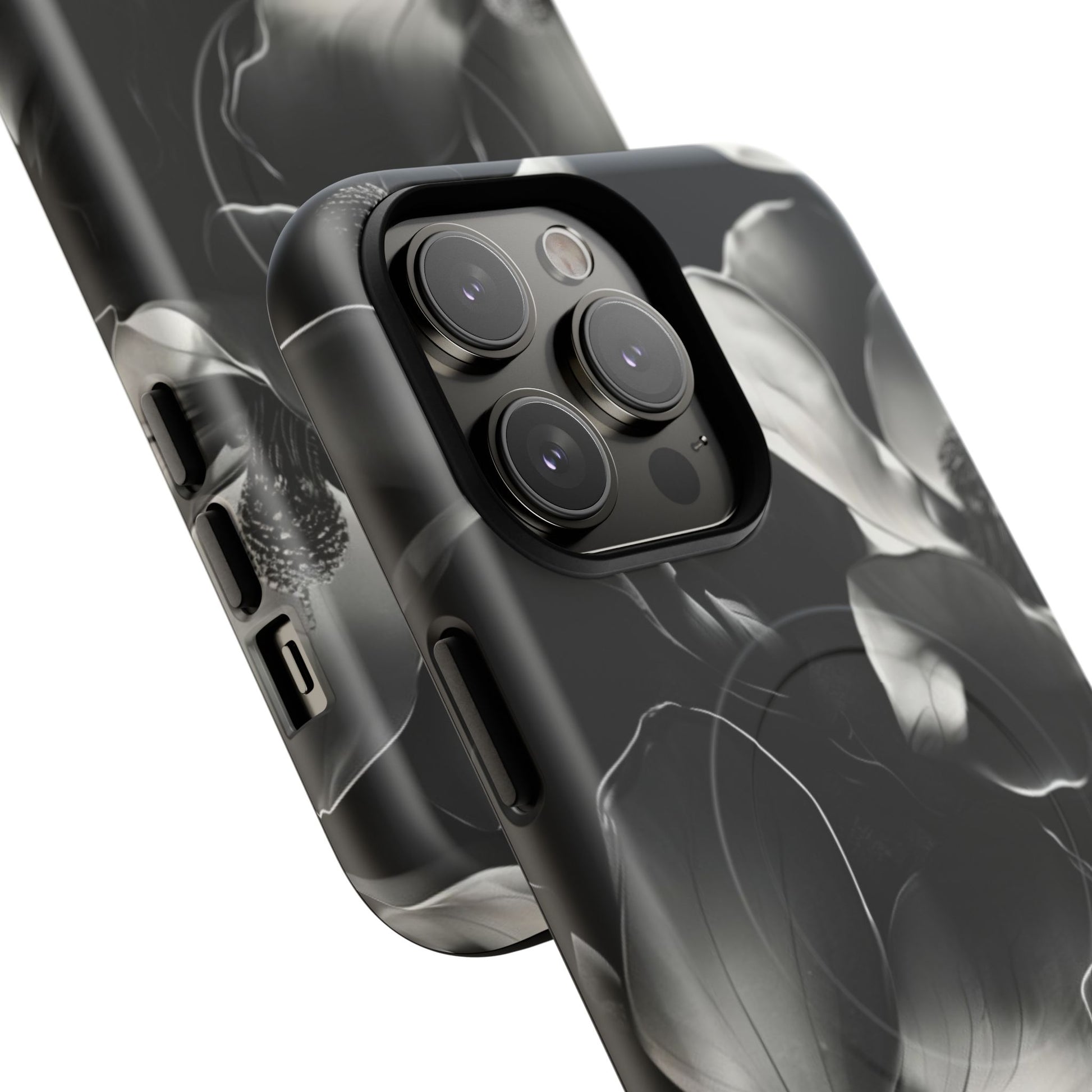 Monochrome Magnolia - Elegant Black & White Floral iPhone 14 Pro Max MagSafe Phone Case - Artistic Magnolia Design
