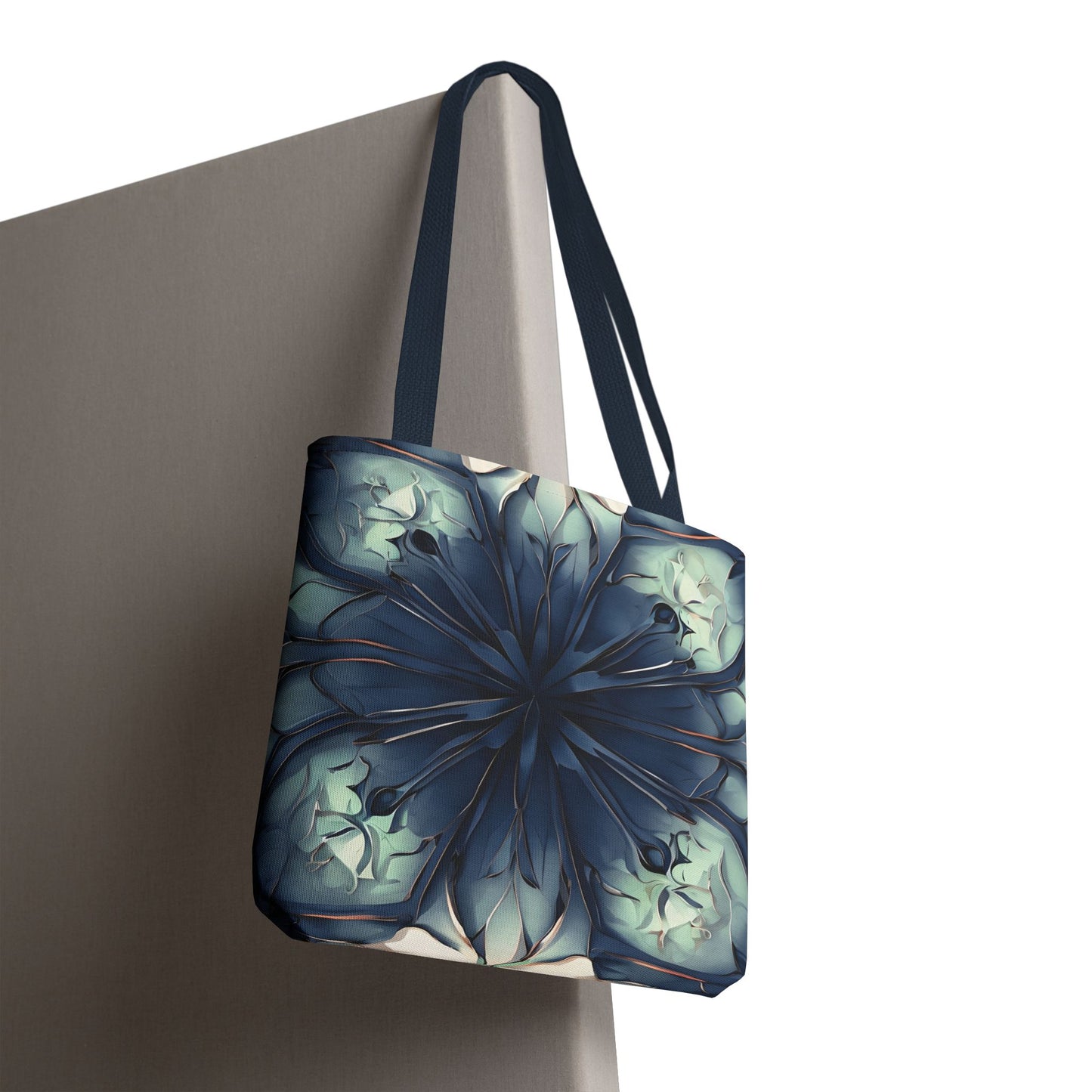 Indigo Mosaic canvas tote bag hanging with intricate blue mosaic pattern