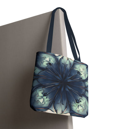 Indigo Mosaic canvas tote bag hanging with intricate blue mosaic pattern